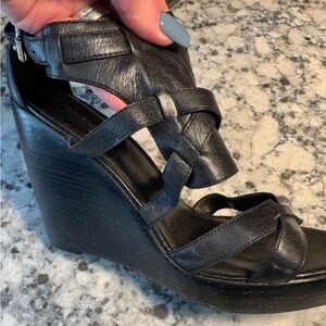 Calvin Klein Salena Black Leather Platform Wedge Sandals
